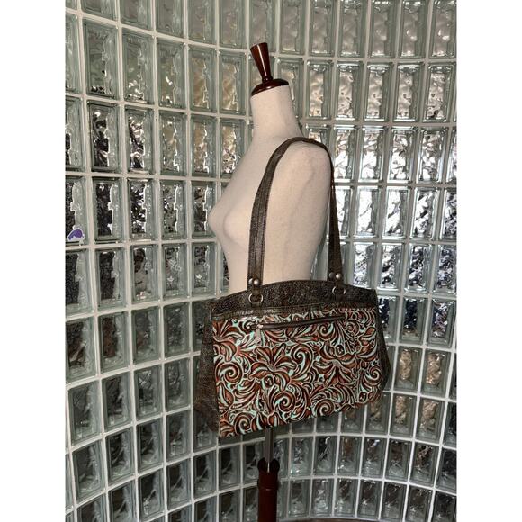 Patricia Nash Turquoise Tooled Italian Leather Tote bag - Picture 2 of 9